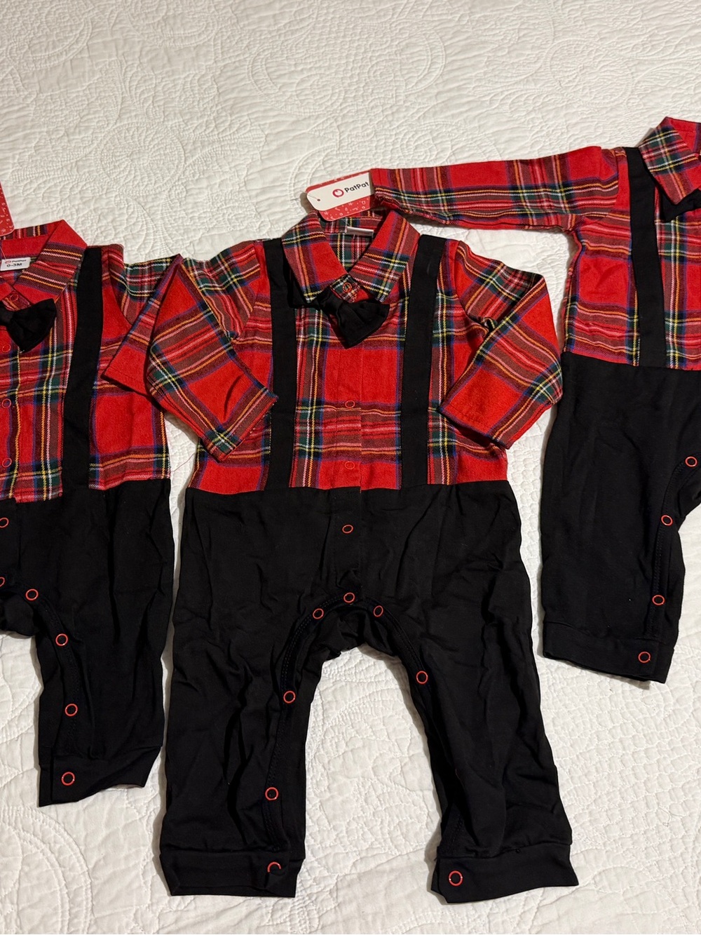 PatPat Red Plaid & Black Baby One-Piece with Bow Tie 3 sizes available